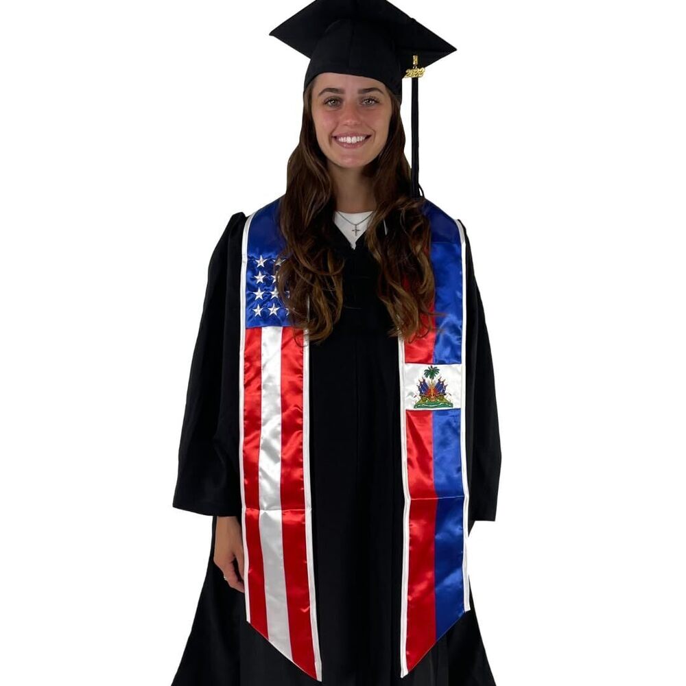 8661 Two Flag Graduation Sash Stole USA + International Haiti & USA